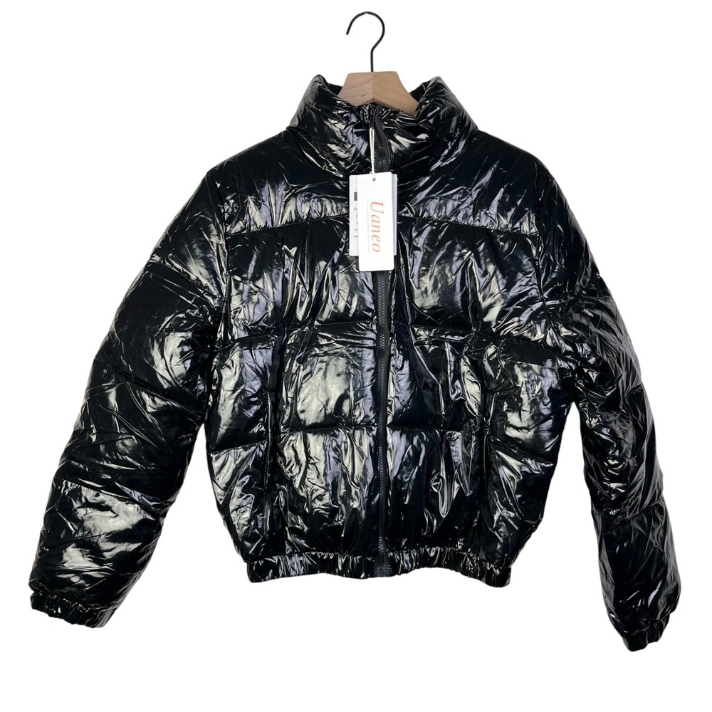 Uaneo Grunge Whimsigoth Black Puffer Jacket Shiny Cropped Full Zip Coat Winter L